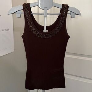 Cache • brown beaded sweater tank knit ribbed embellished lace crochet scoop